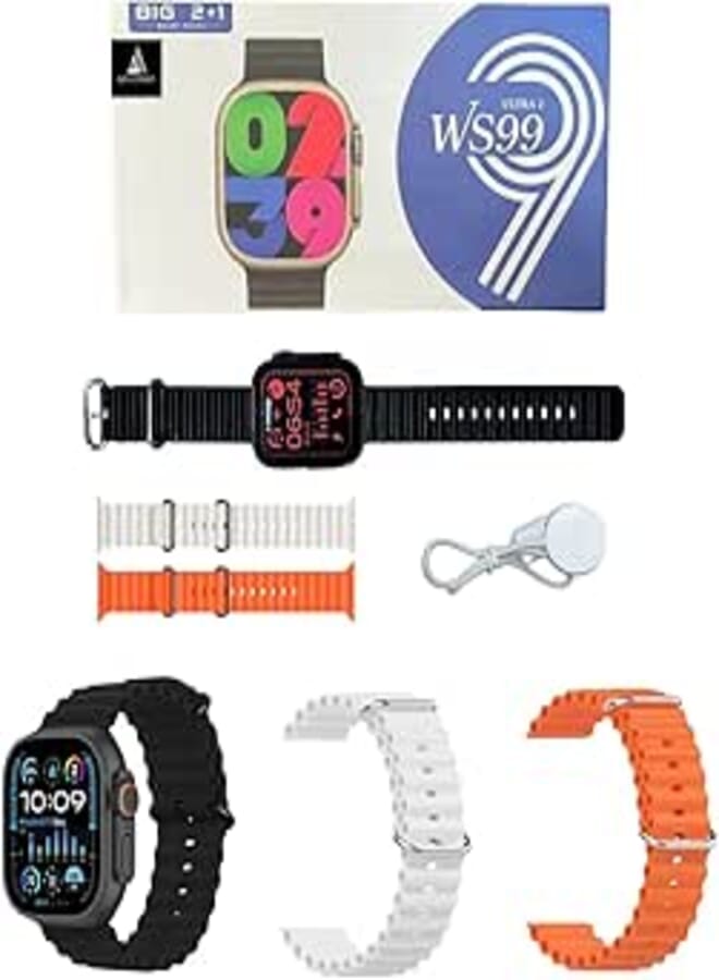 ADHOMAX WS99 Ultra2 Smart Watch, Calls, 3D Menu, Fitness Tracker, Wireless Charging, Heart Rate, SpO2, Sports, Weather, Games, Alarm, Camera, Music, IOS, android, for men, women (Black-Orange-White)